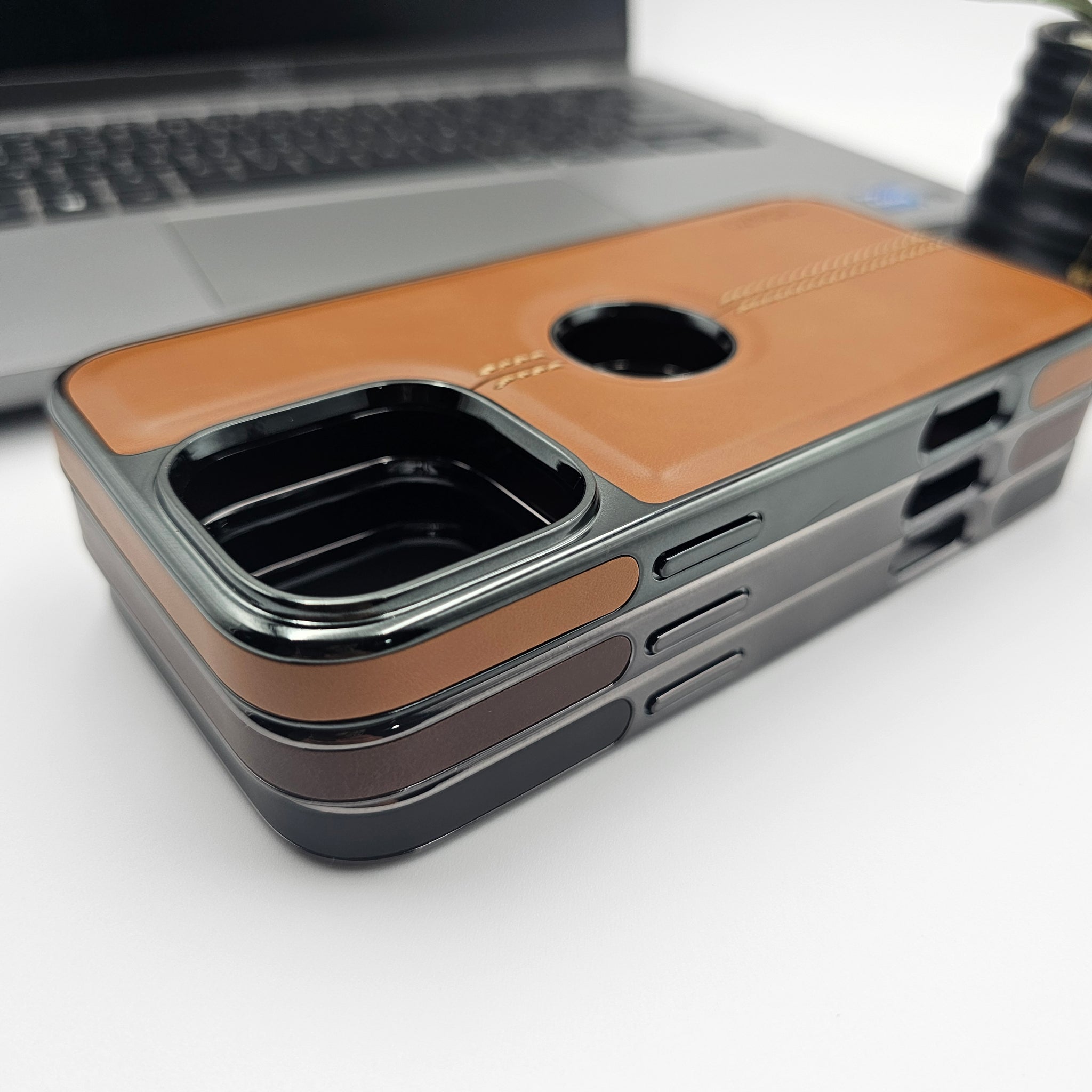 Leather Logo Cut Chrome iPhone Series Case