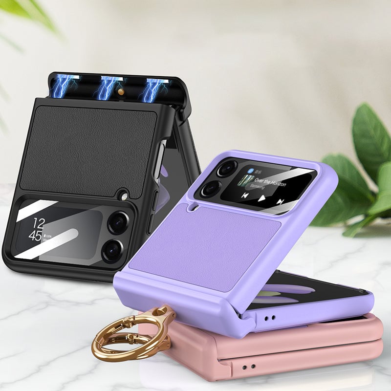 Magnetic Hinge PU Leather Case with Ring Bracket for Samsung Galaxy Z Flip