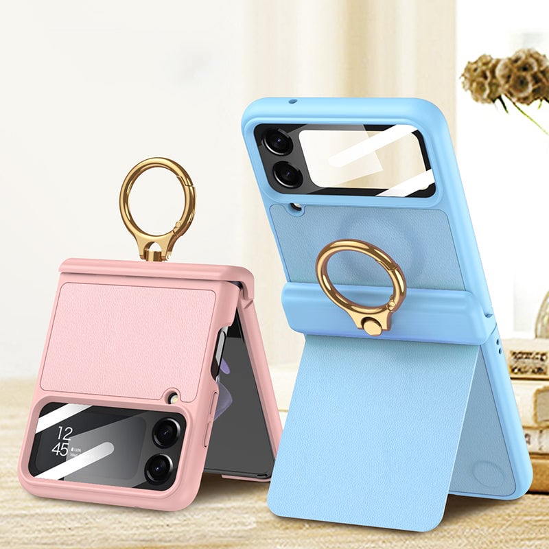 Magnetic Hinge PU Leather Case with Ring Bracket for Samsung Galaxy Z Flip