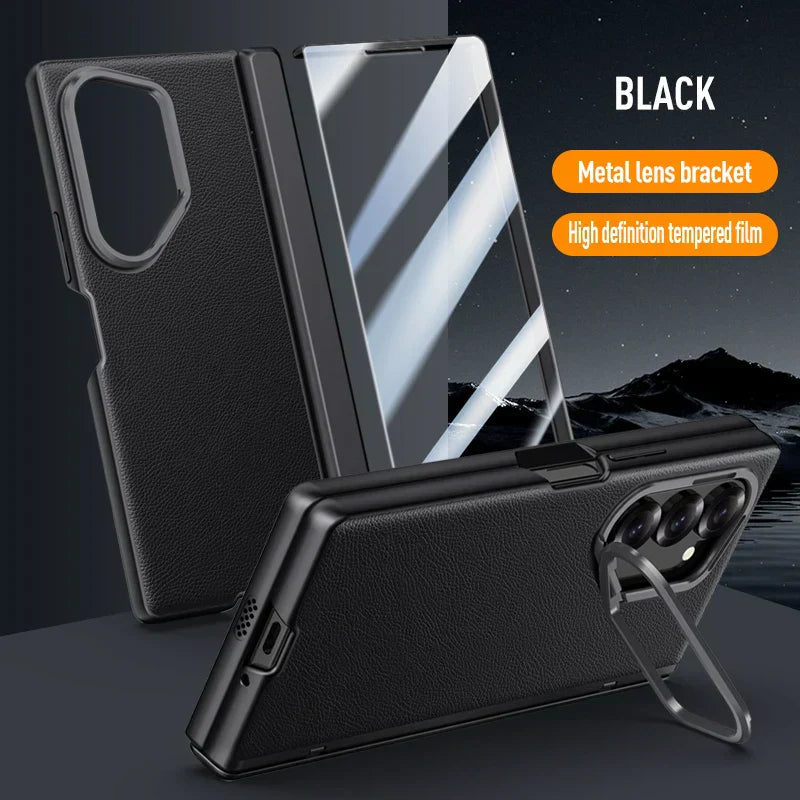 Leather Case With Bracket Front Glass For Galaxy Z Fold