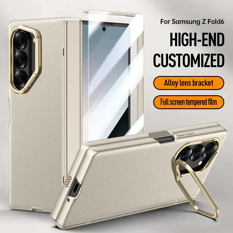 Leather Case With Bracket Front Glass For Galaxy Z Fold